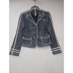 Work to Weekend Women Dark Wash Denim Blazer White Trim Nautical Jacket XL